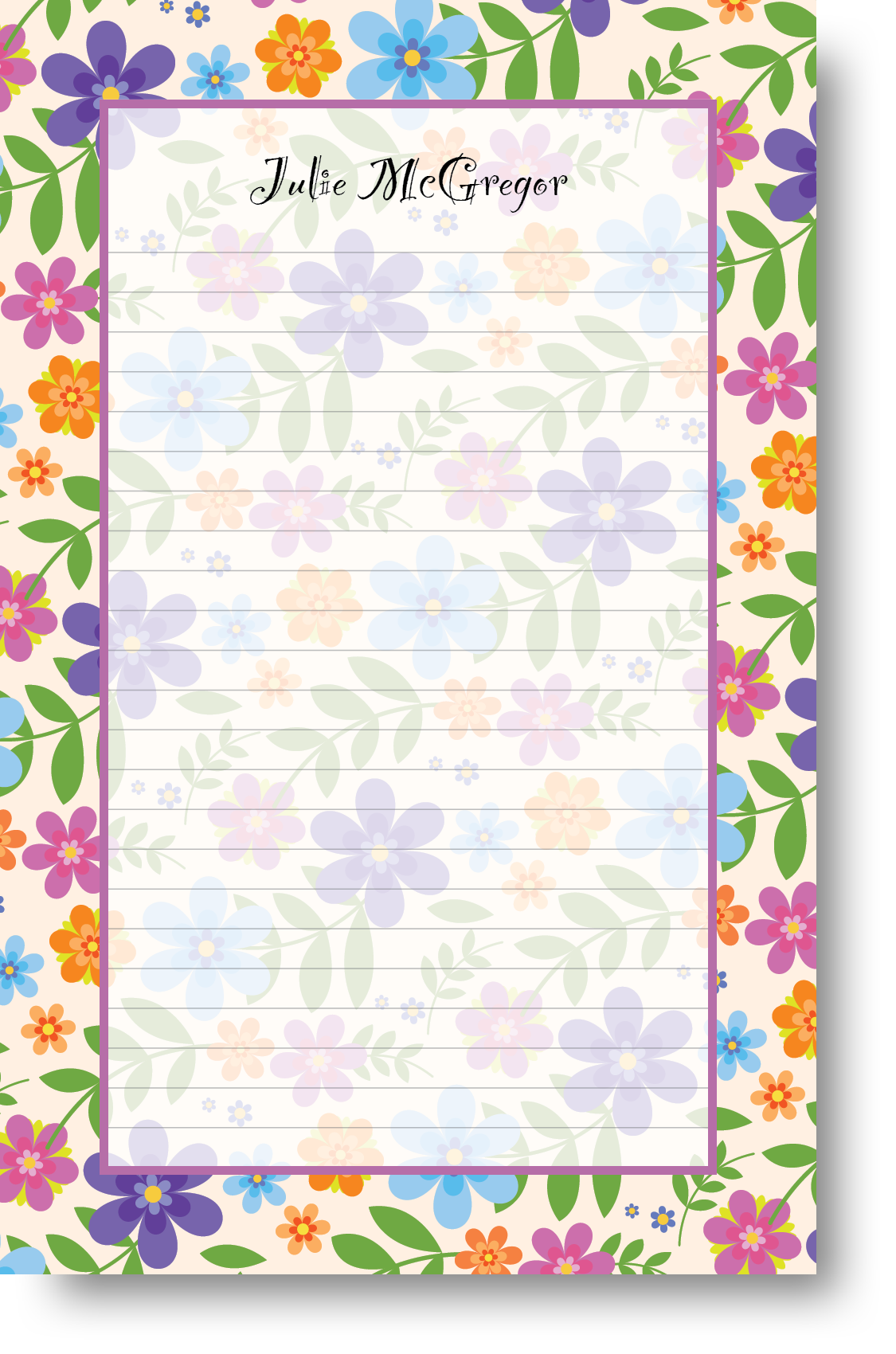 A colorful notepad with a floral patterned border and background with a name at the top.