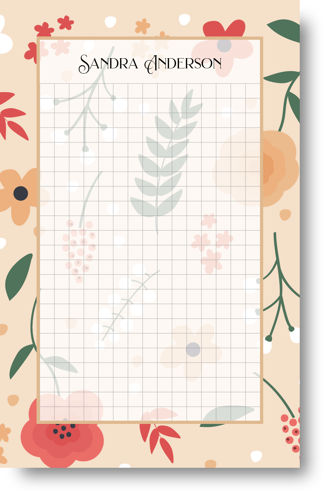A colorful notepad with a floral patterned border and background with a name at the top.