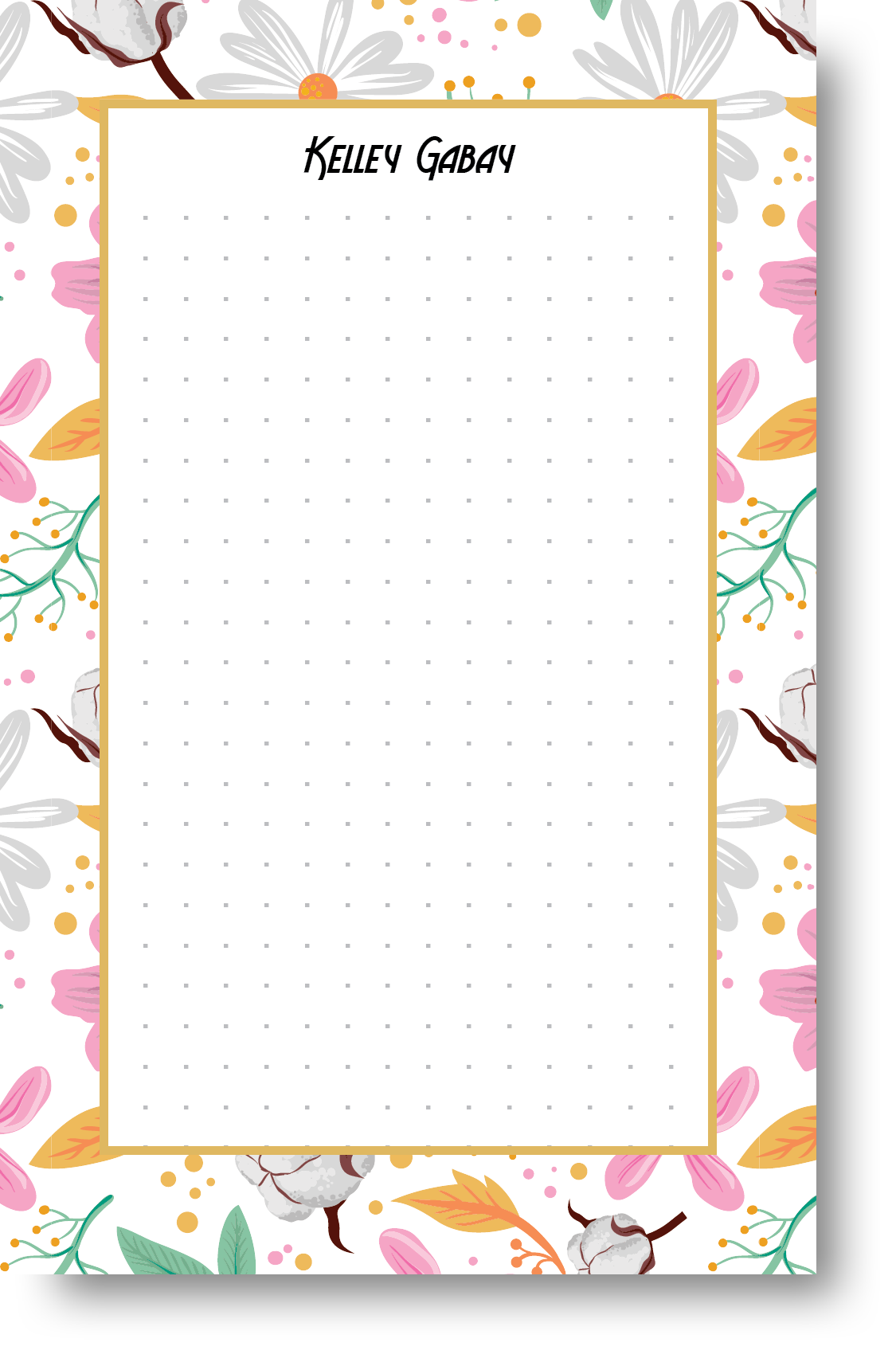 A colorful notepad with a floral patterned border and background with a name at the top.