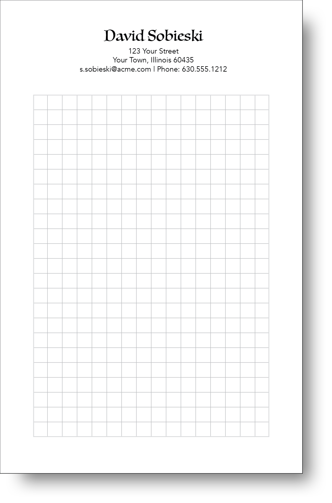 Black and white notepad with a square grid in the background.