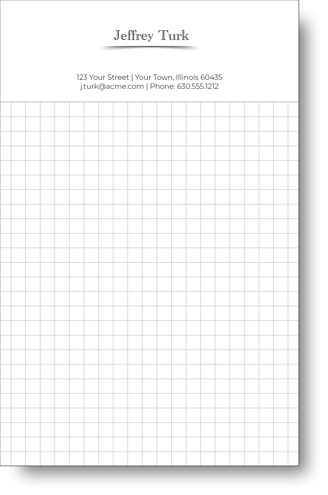 Black and white notepad with a square grid in the background.
