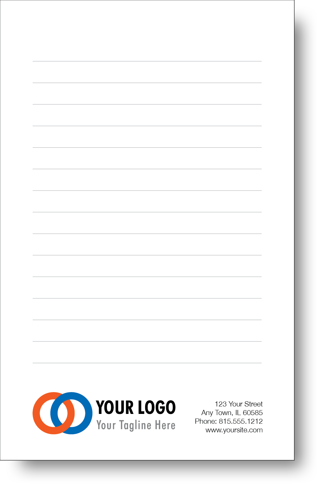 A colorful company branded notepad prominently displaying a logo and contact information.