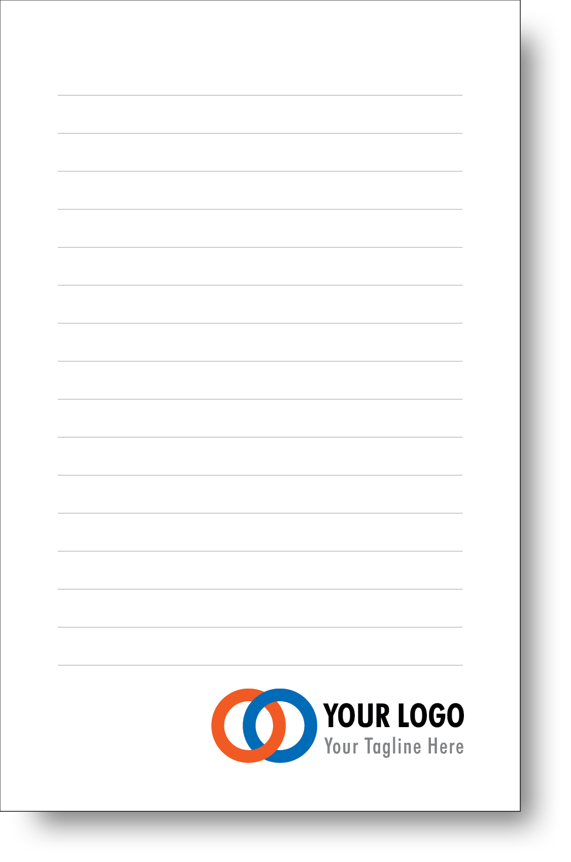 A colorful company branded notepad prominently displaying a logo and contact information.