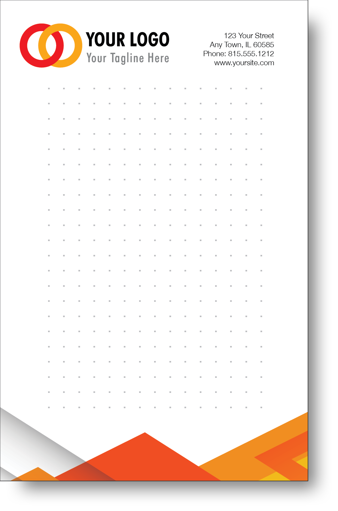 A colorful company branded notepad prominently displaying a logo and contact information.