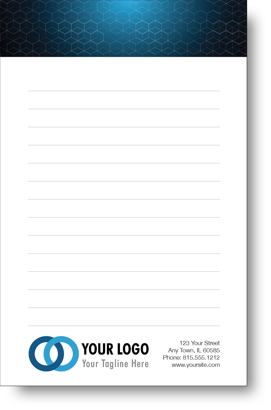 A colorful company branded notepad prominently displaying a logo and contact information.