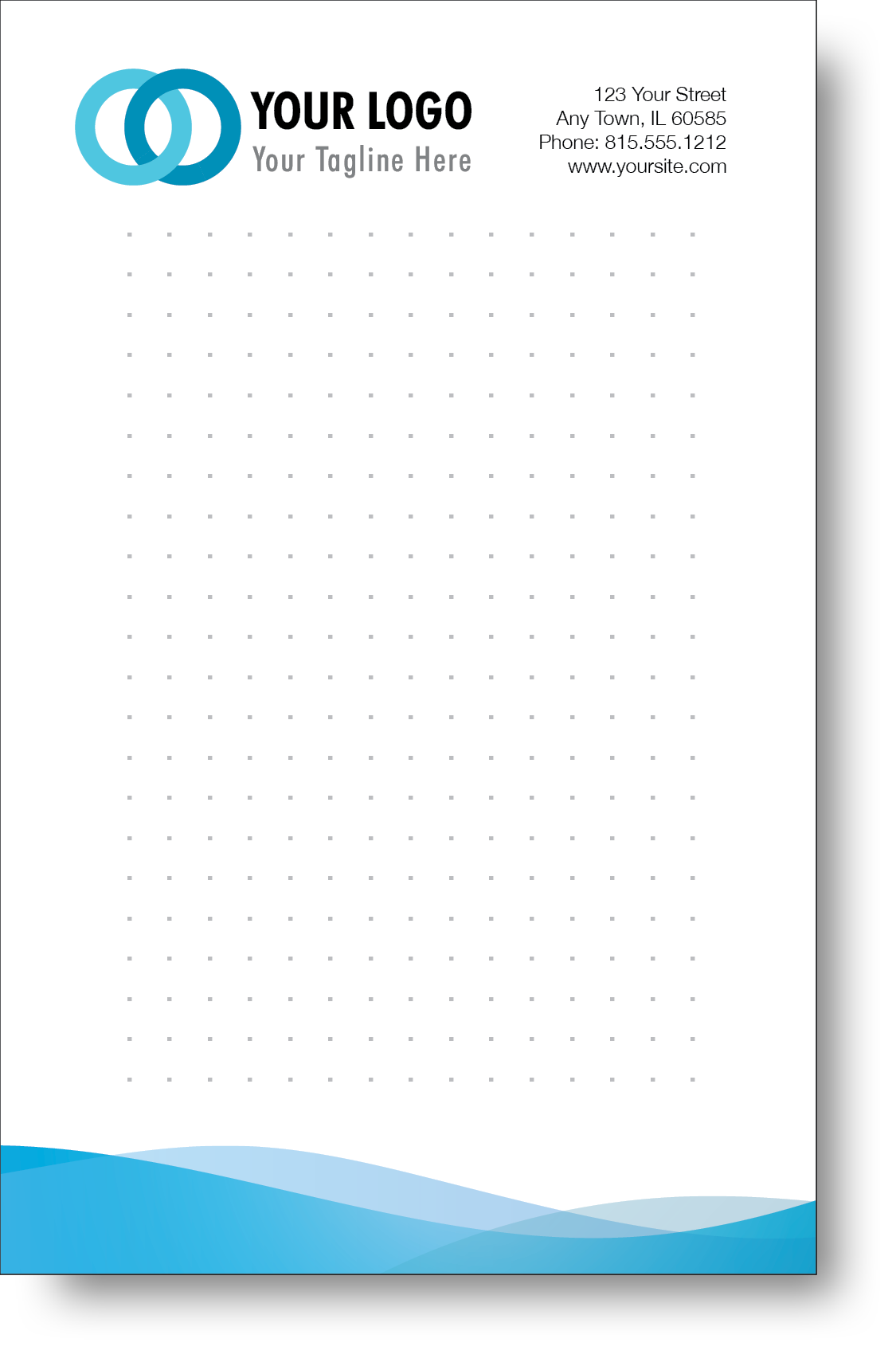 A colorful company branded notepad prominently displaying a logo and contact information.
