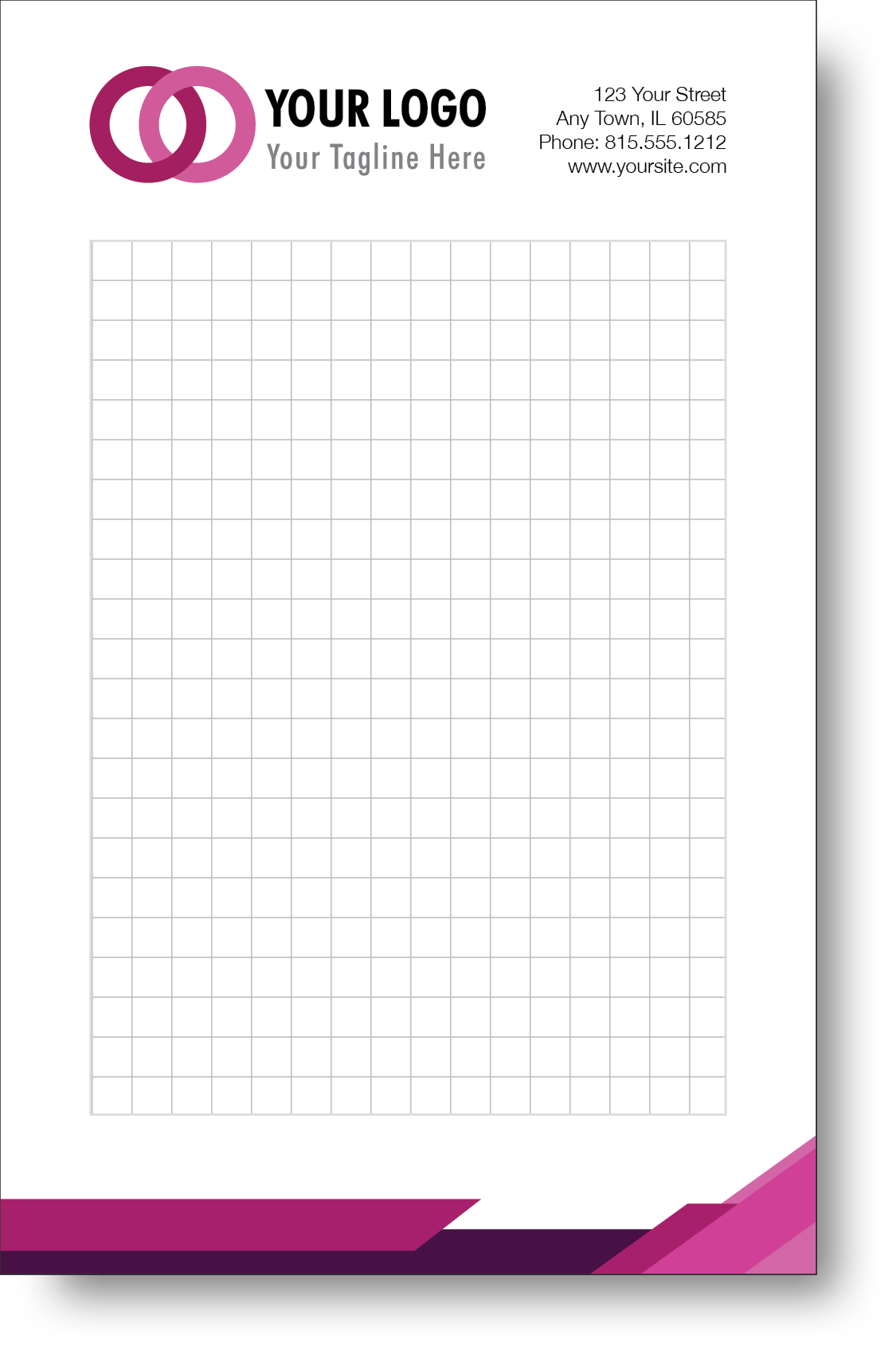 A colorful company branded notepad prominently displaying a logo and contact information.