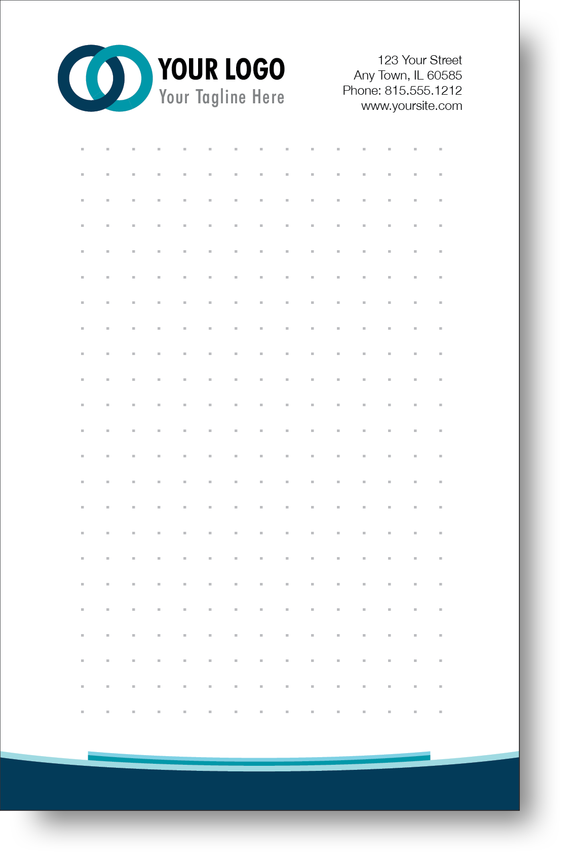 A colorful company branded notepad prominently displaying a logo and contact information.