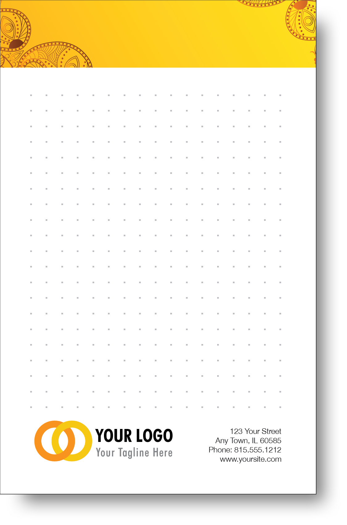 A colorful company branded notepad prominently displaying a logo and contact information.