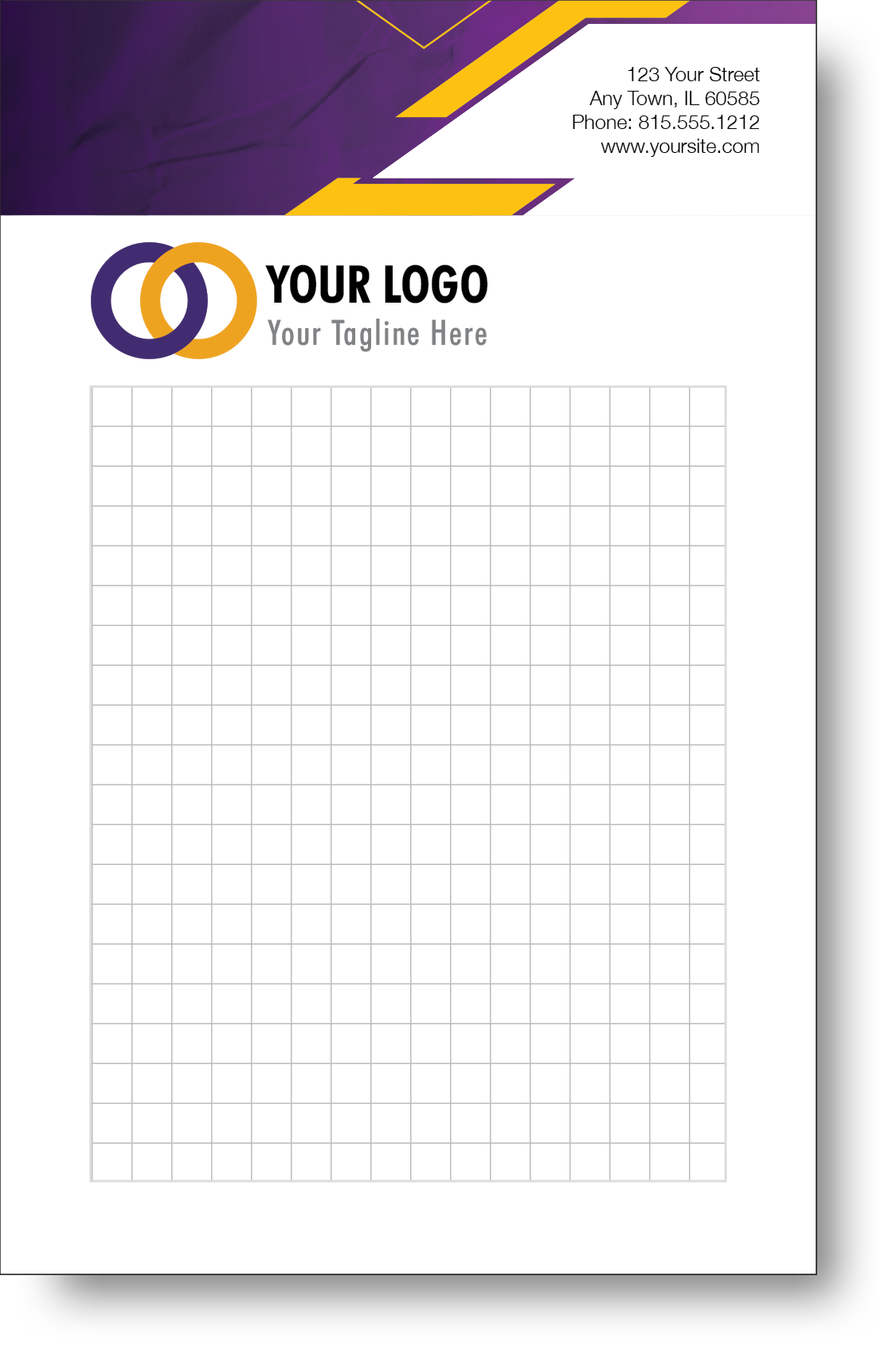 A colorful company branded notepad prominently displaying a logo and contact information.