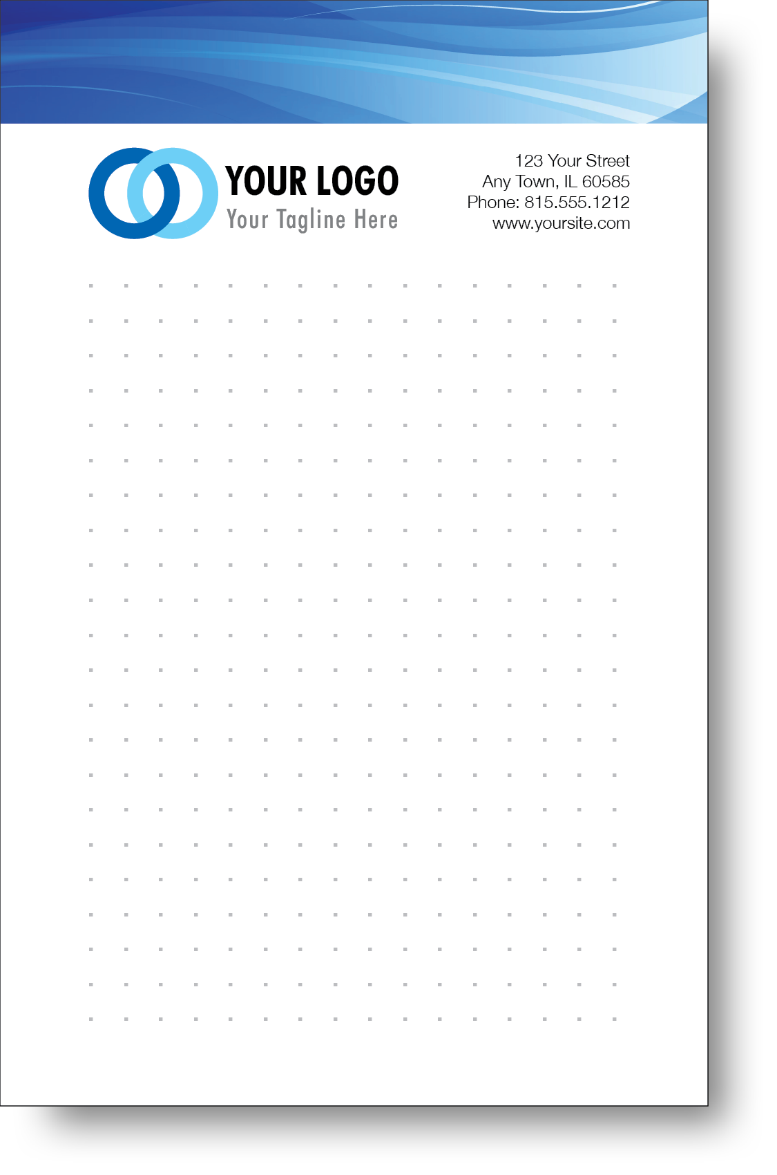 A colorful company branded notepad prominently displaying a logo and contact information.