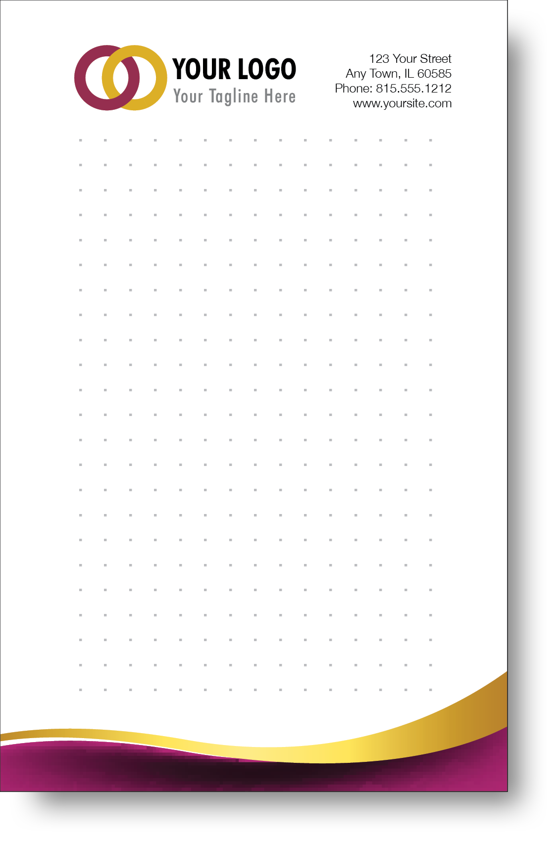 A colorful company branded notepad prominently displaying a logo and contact information.