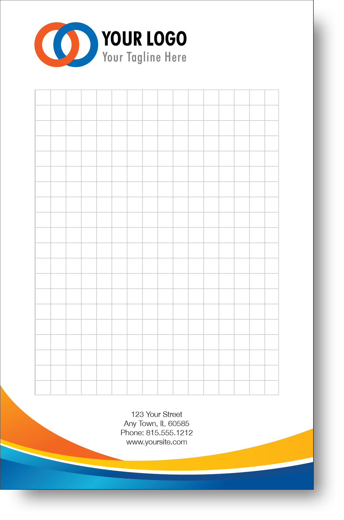 A colorful company branded notepad prominently displaying a logo and contact information.