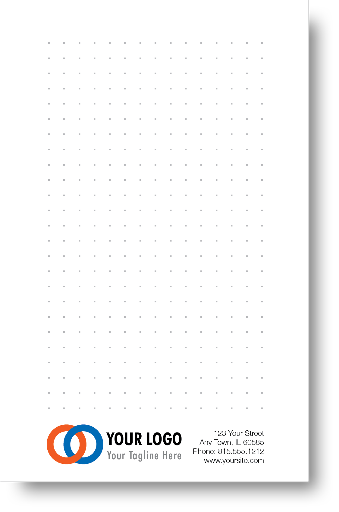 A colorful company branded notepad prominently displaying a logo and contact information.