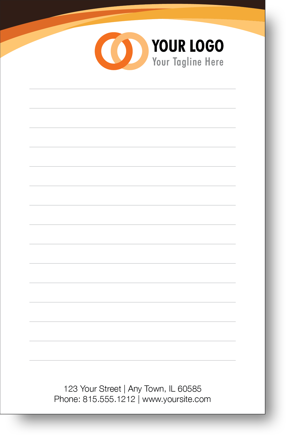 A colorful company branded notepad prominently displaying a logo and contact information.