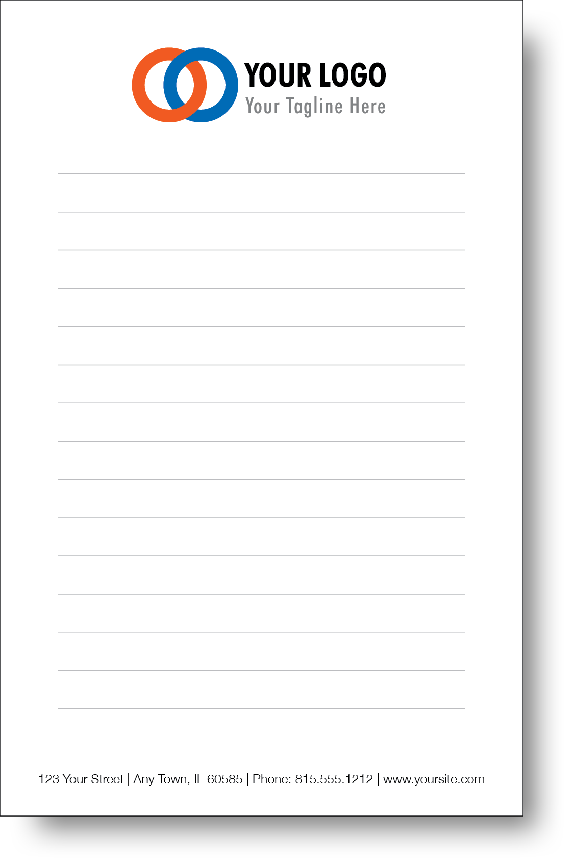 A colorful company branded notepad prominently displaying a logo and contact information.