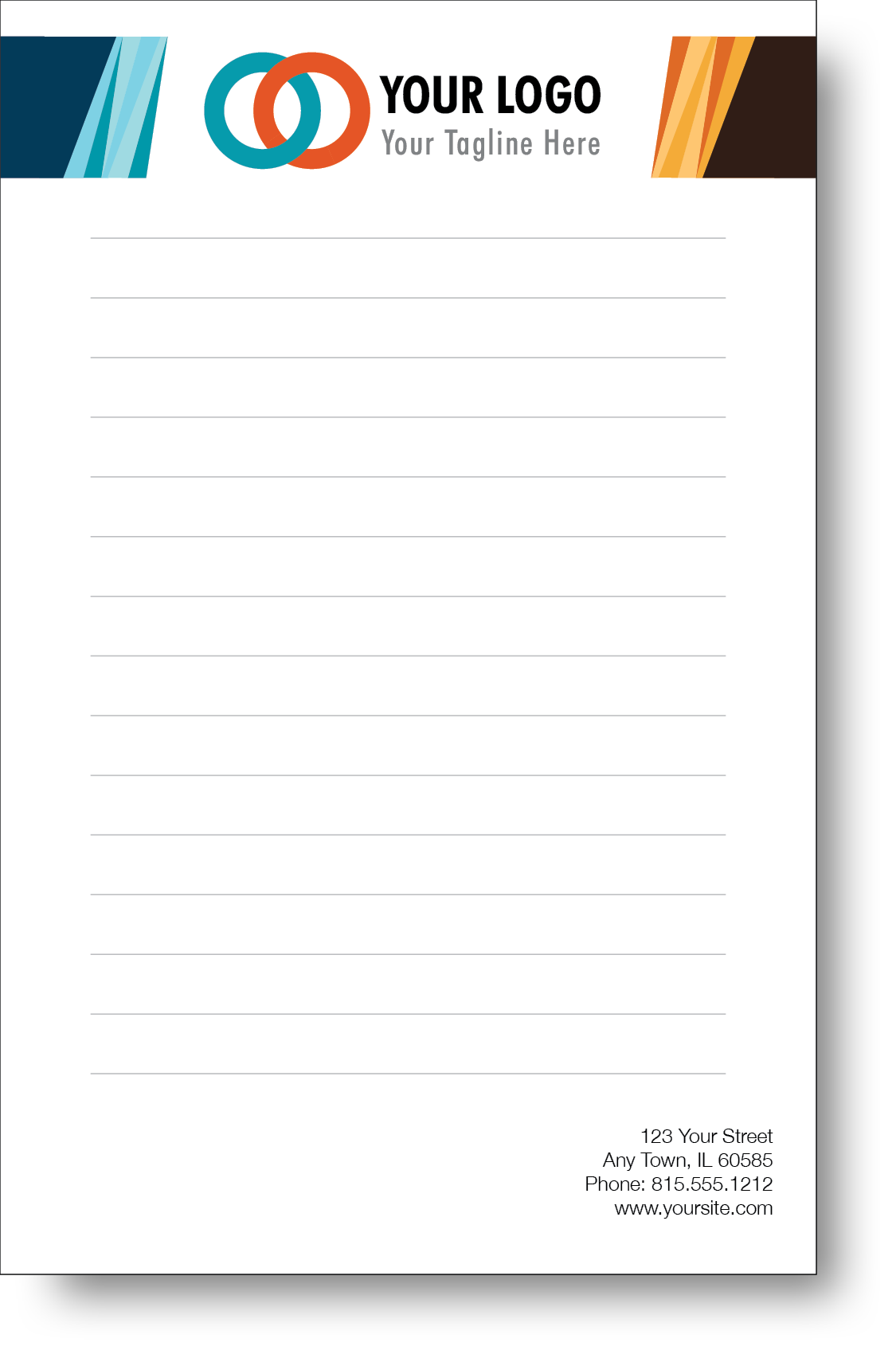 A colorful company branded notepad prominently displaying a logo and contact information.