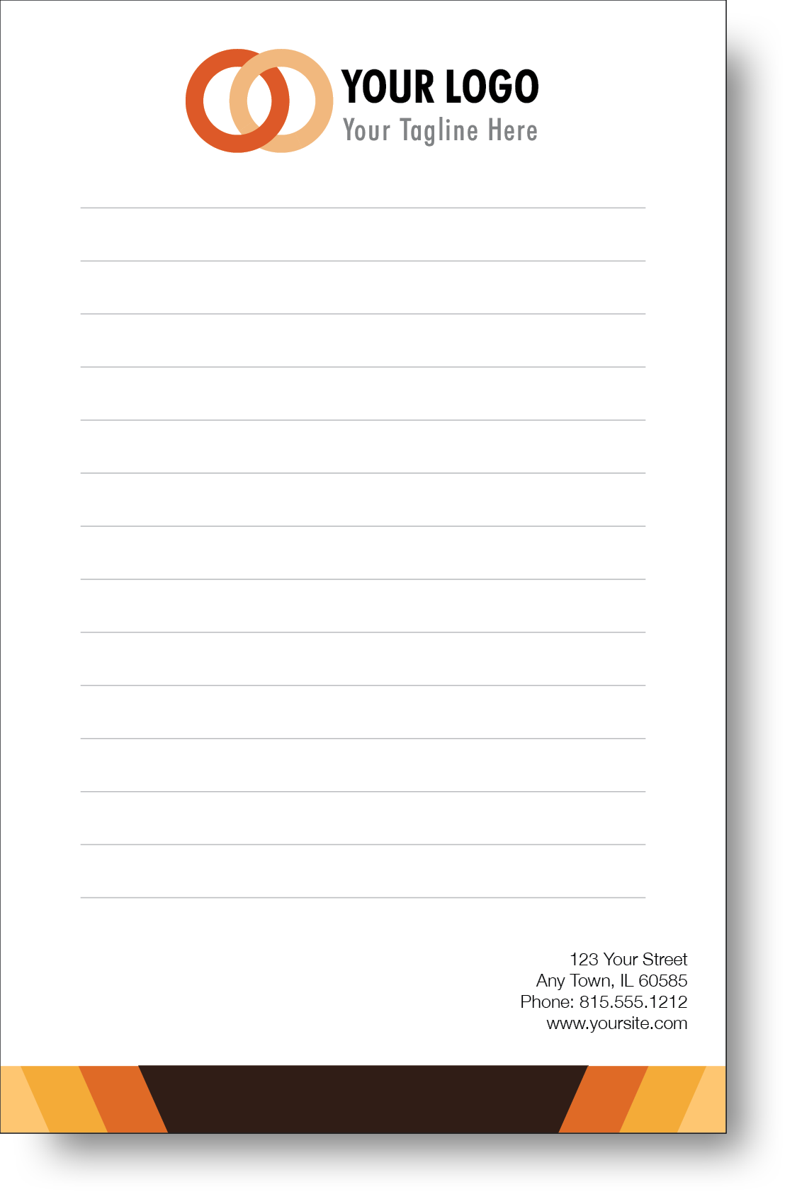 A colorful company branded notepad prominently displaying a logo and contact information.