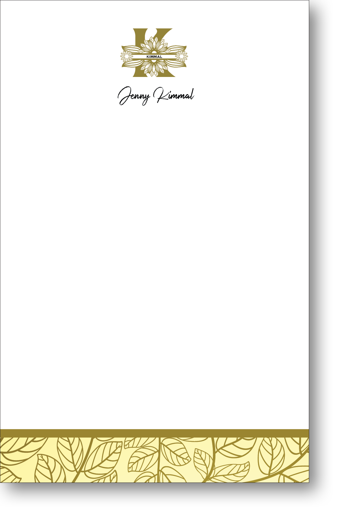 A colorful personalized notepad with a monogram at the top and a pastel colored block of abstract art at the bottom.