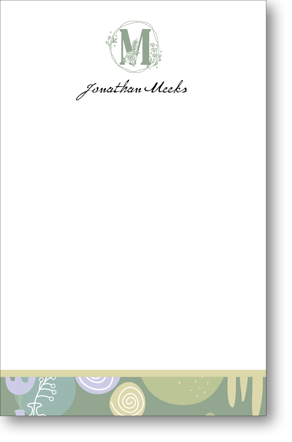 A colorful personalized notepad with a monogram at the top and a pastel colored block of abstract art at the bottom.