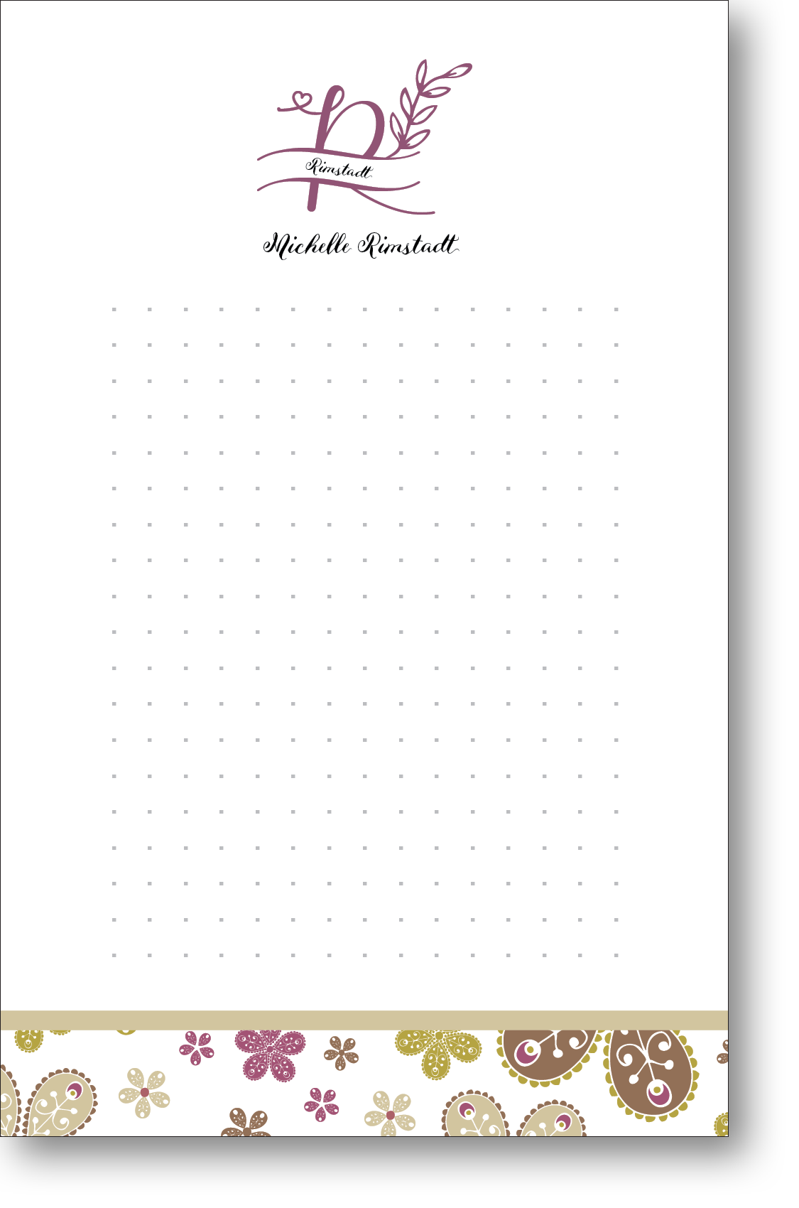 A colorful personalized notepad with a monogram at the top and a pastel colored block of abstract art at the bottom.