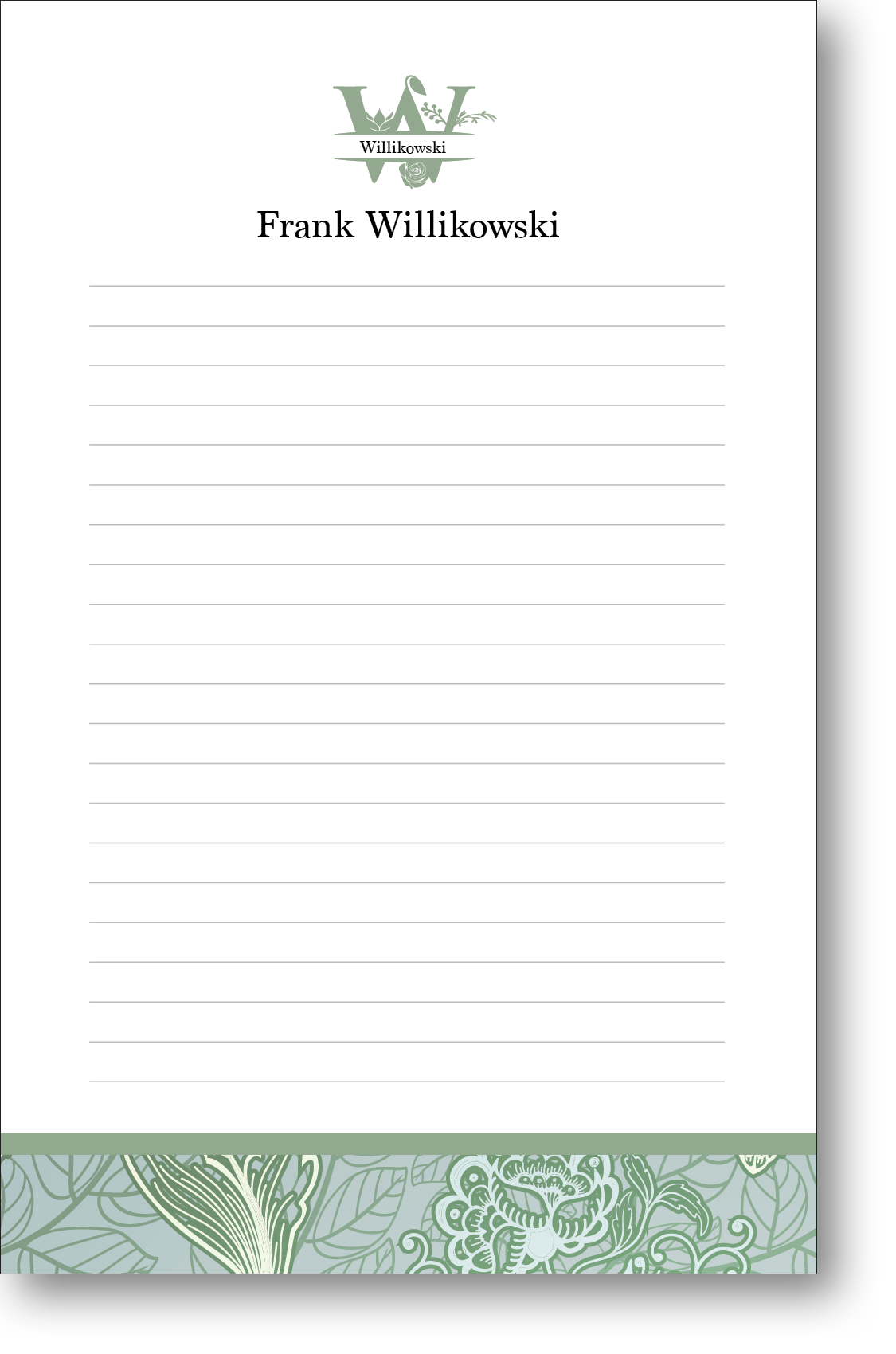 A colorful personalized notepad with a monogram at the top and a pastel colored block of abstract art at the bottom.