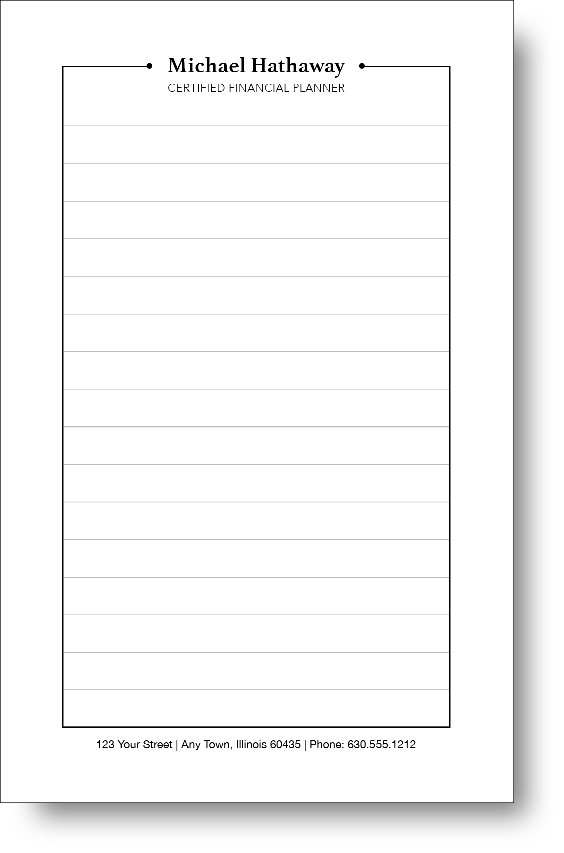 A black and white notepad with a gminimalist design, a name on the top and contact information on the botton.