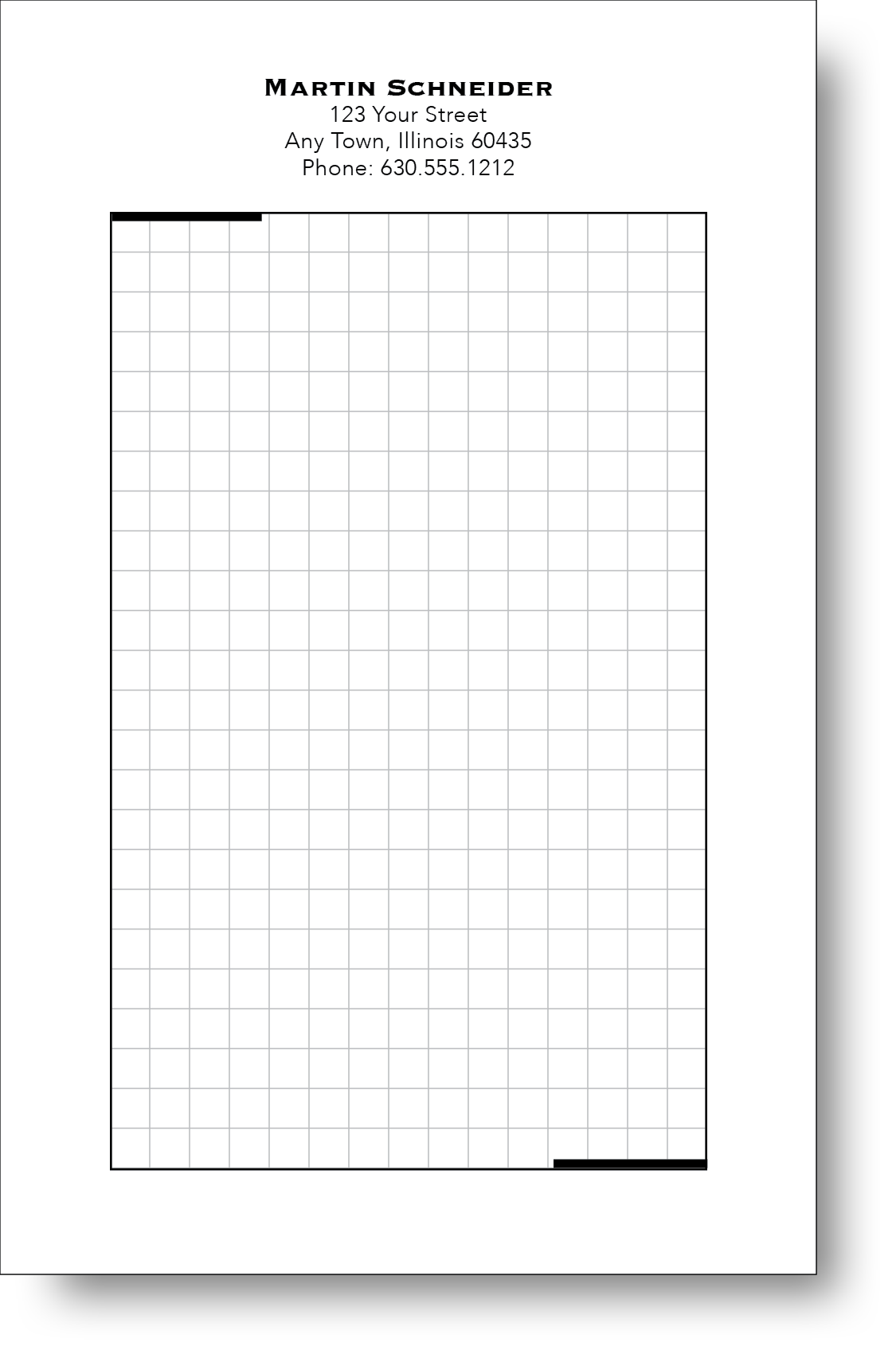 A black and white notepad with a minimalist design and a name and contact information on the top.