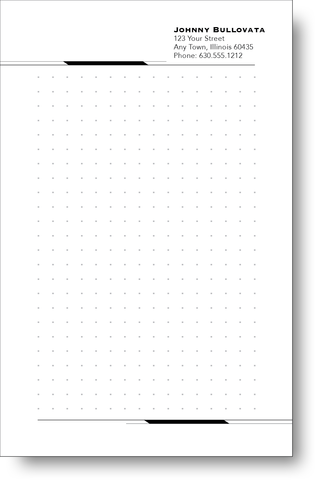 A black and white notepad with a minimalist design and a name and contact information on the top.