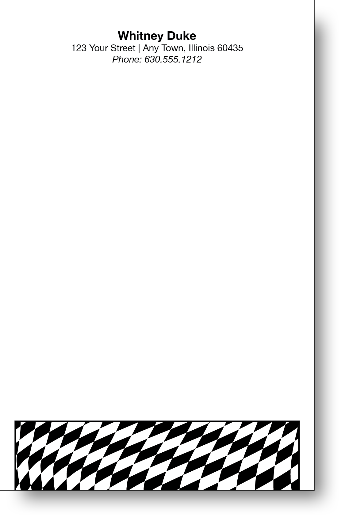 A black and white notepad with a geometric design on the bottom and a name and contact information on the top.