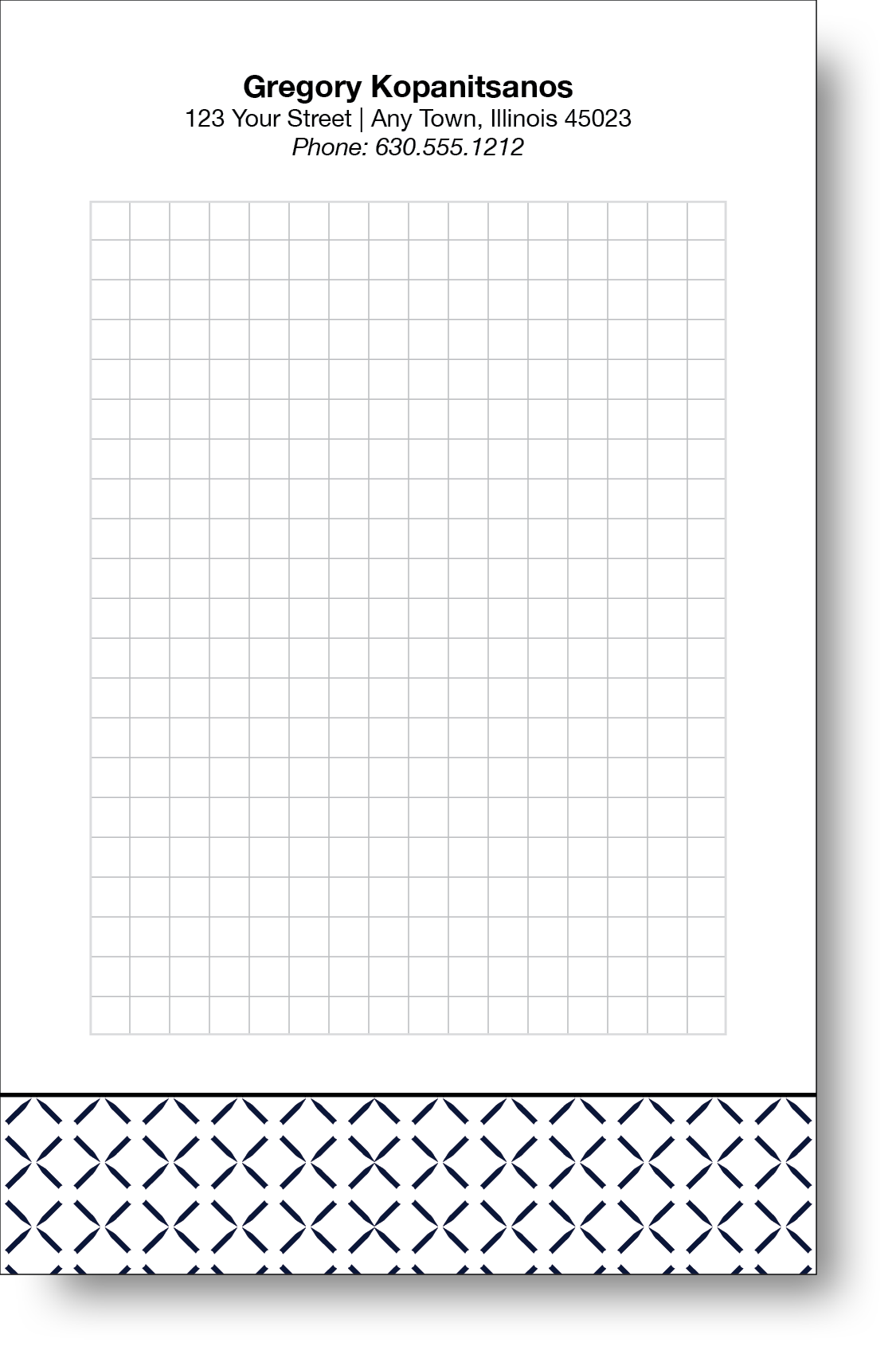 A black and white notepad with a geometric design on the bottom and a name and contact information on the top.