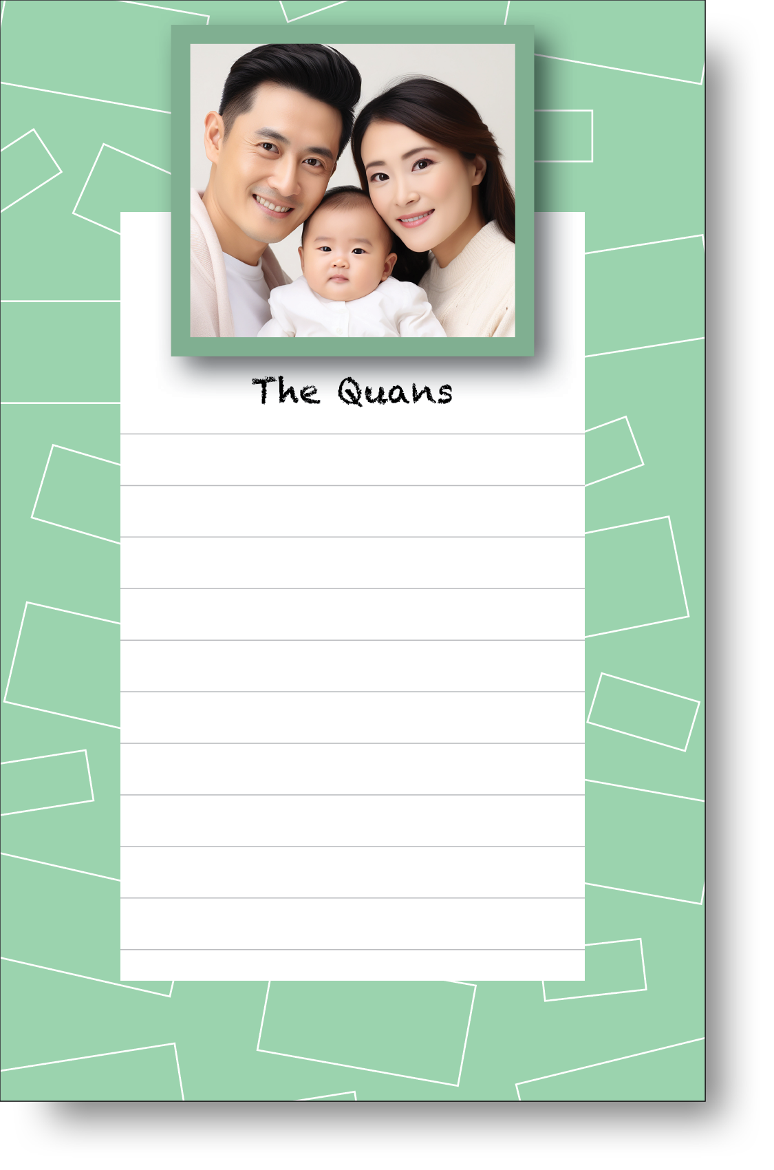 A colorful personalized notepad with a family photo displayed at the top surrounded by geometric style border.