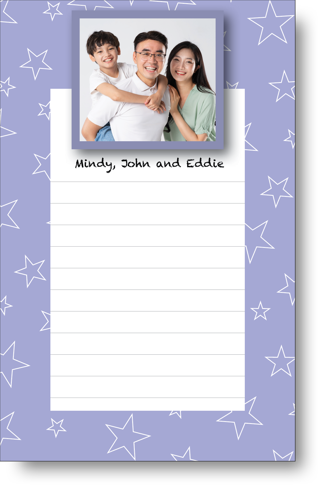 A colorful personalized notepad with a family photo displayed at the top surrounded by geometric style border.