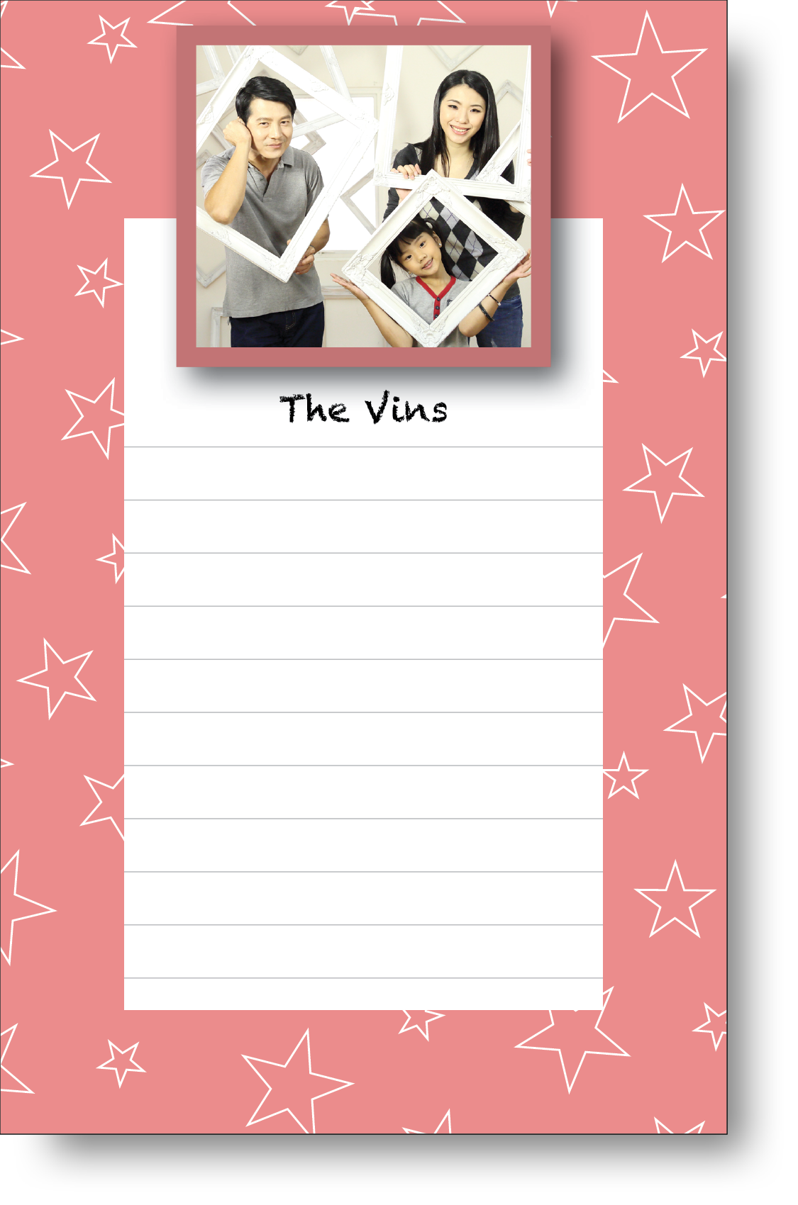 A colorful personalized notepad with a family photo displayed at the top surrounded by geometric style border.