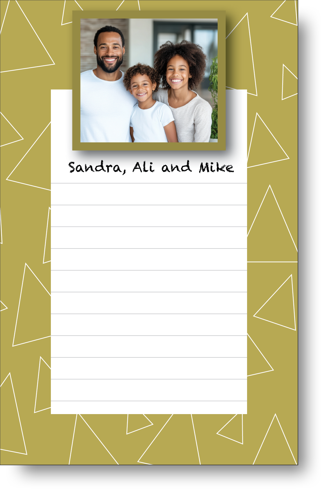 A colorful personalized notepad with a family photo displayed at the top surrounded by geometric style border.