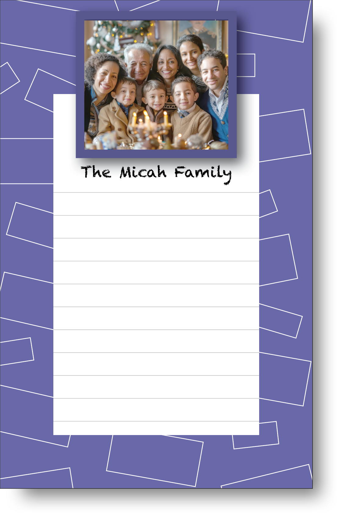 A colorful personalized notepad with a family photo displayed at the top surrounded by geometric style border.