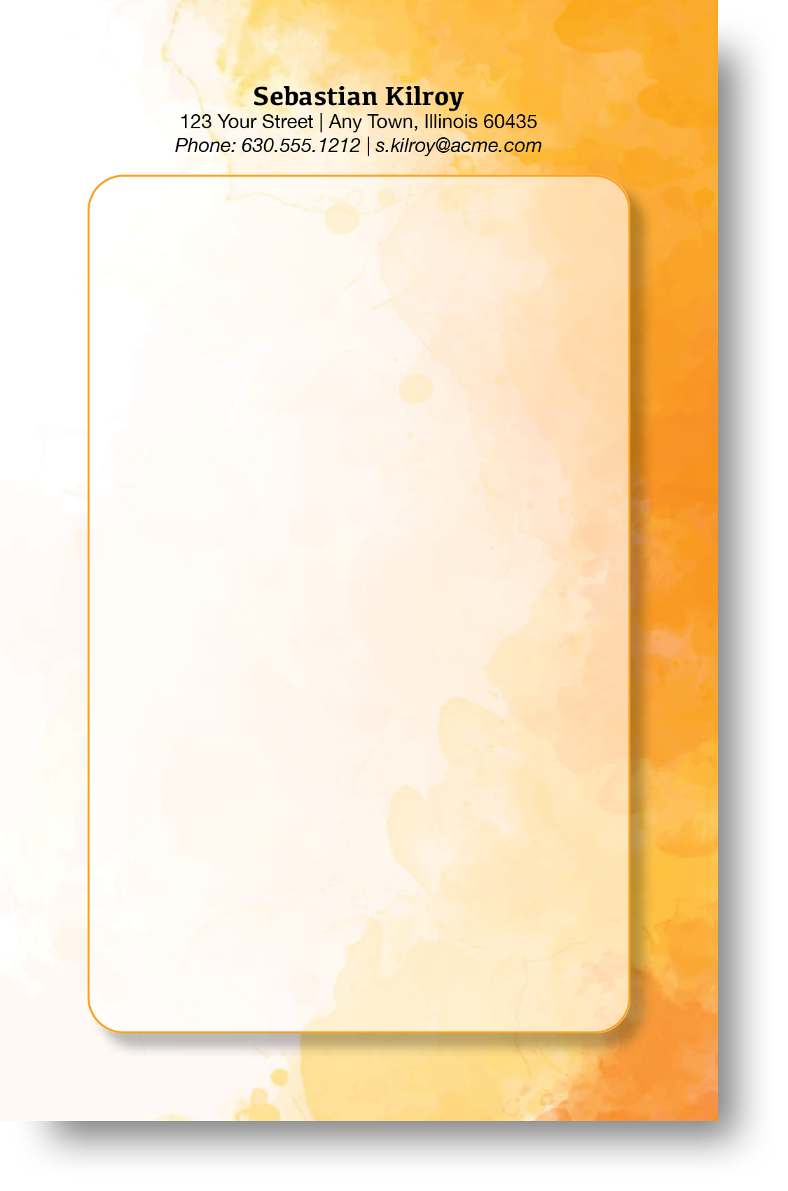 A colorful notepad with a watercolor design background with a name and contact information at the top.