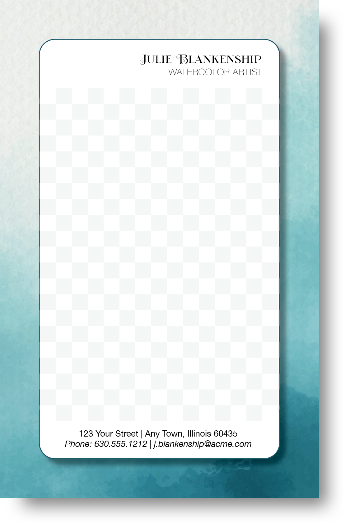 A colorful notepad with a watercolor design background with a name at the top and contact information at the bottom.