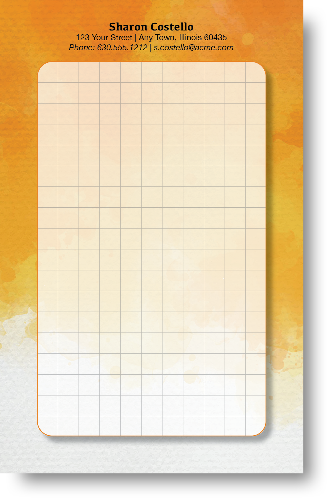 A colorful notepad with a watercolor design background with a name and contact information at the top.