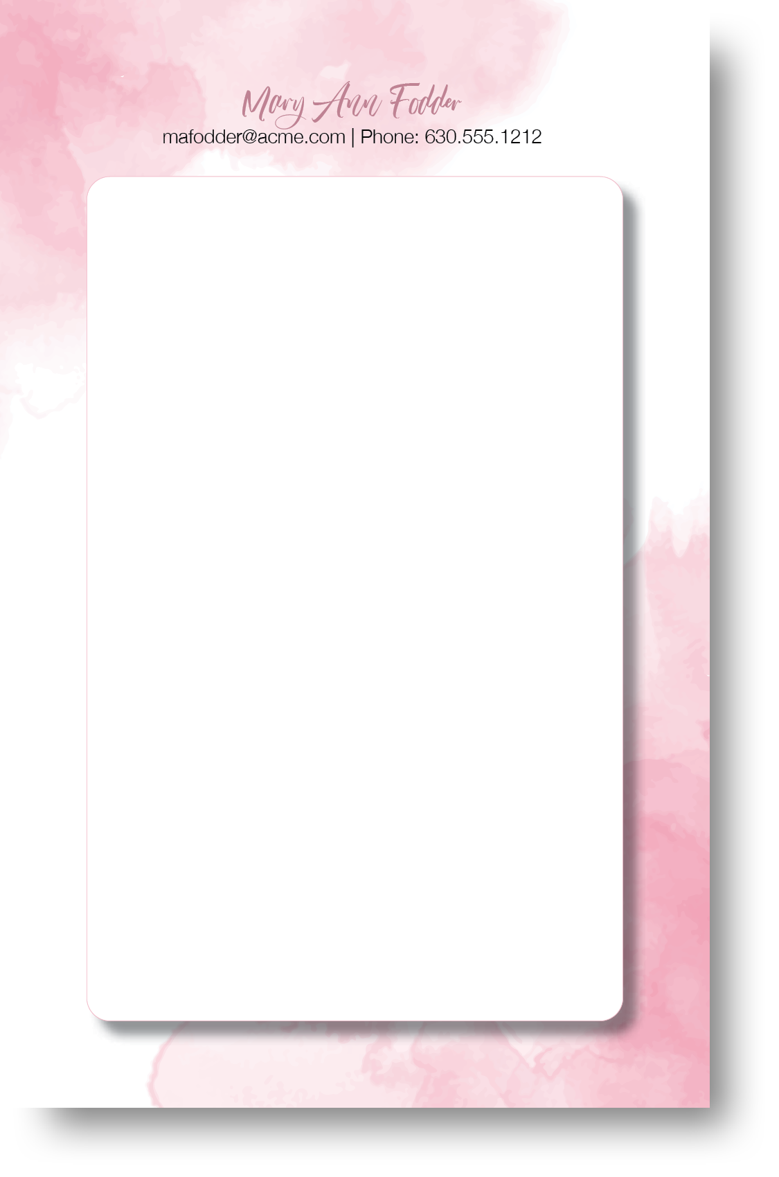 A colorful notepad with a watercolor design background with a name and contact information at the top.