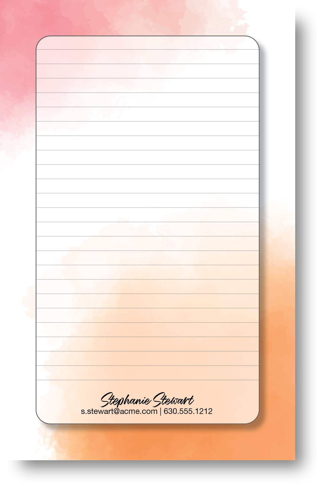 A colorful notepad with a watercolor design background with a name and contact information at the bottom.