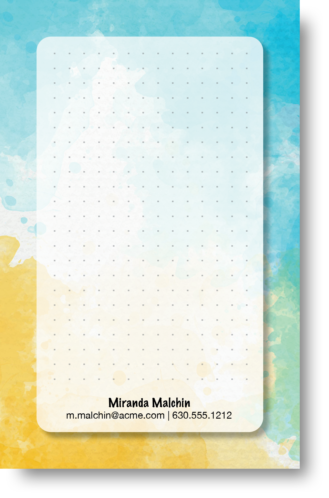 A colorful notepad with a watercolor design background with a name and contact information at the bottom.