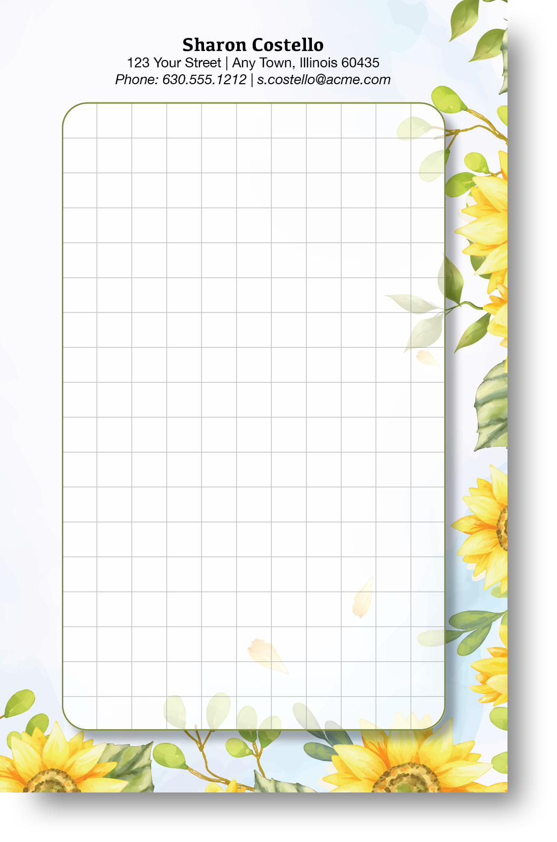 A colorful notepad with a flowery watercolor design background with a name and contact information at the top.