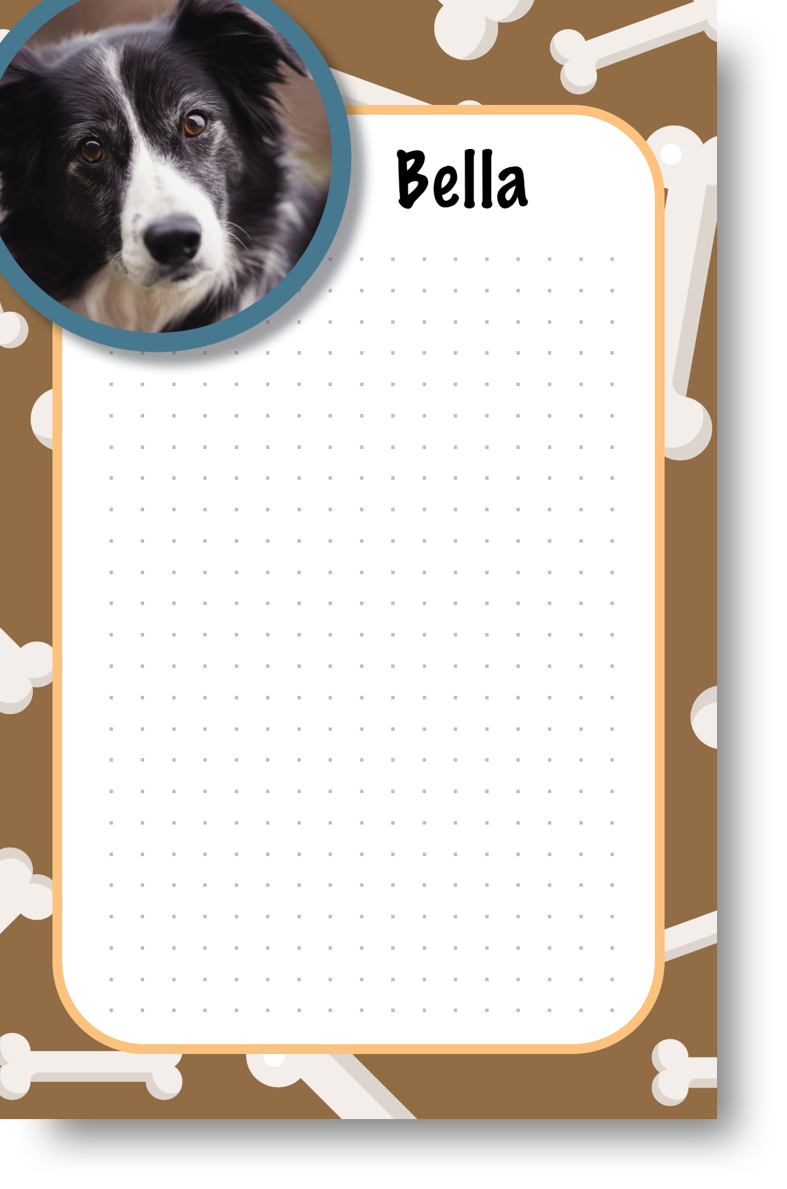 A colorful notepad with a pet themed border and background and picture of a pet displayed in the upper left-hand corner next to a pet's name.