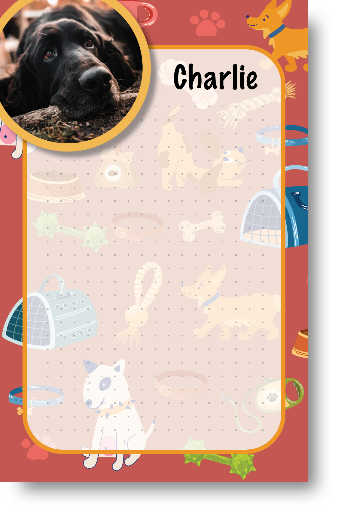 A colorful notepad with a pet themed border and background and picture of a pet displayed in the upper left-hand corner next to a pet's name.