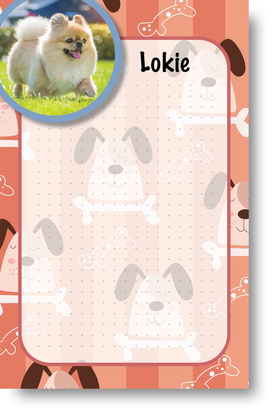 A colorful notepad with a pet themed border and background and picture of a pet displayed in the upper left-hand corner next to a pet's name.