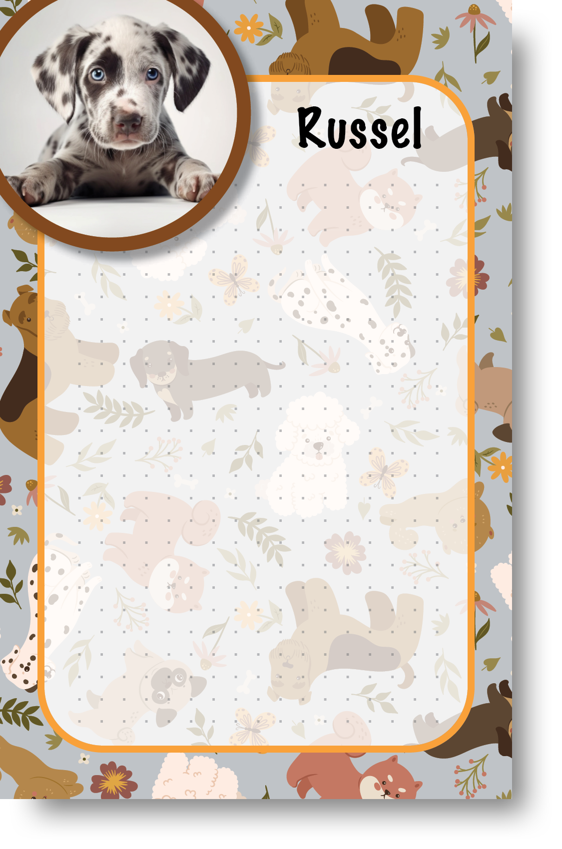 A colorful notepad with a pet themed border and background and picture of a pet displayed in the upper left-hand corner next to a pet's name.