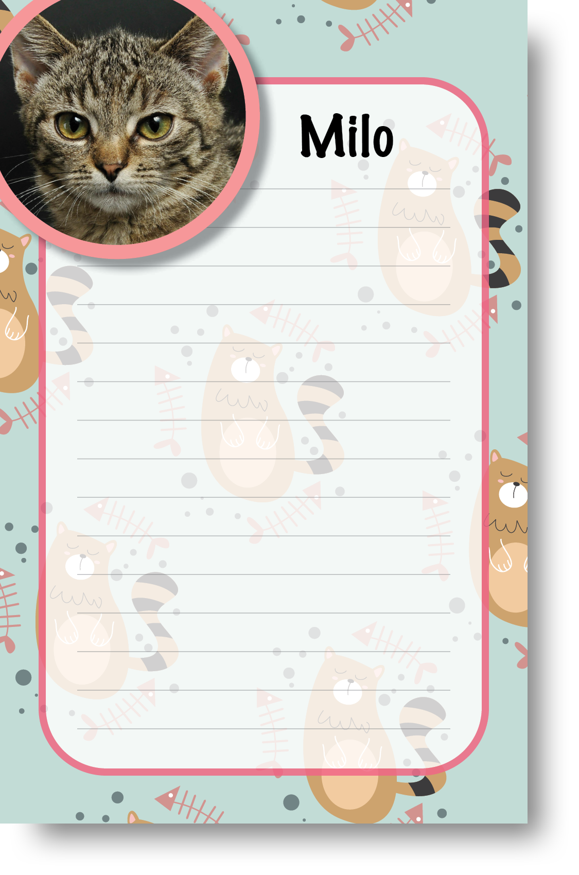A colorful notepad with a pet themed border and background and picture of a pet displayed in the upper left-hand corner next to a pet's name.