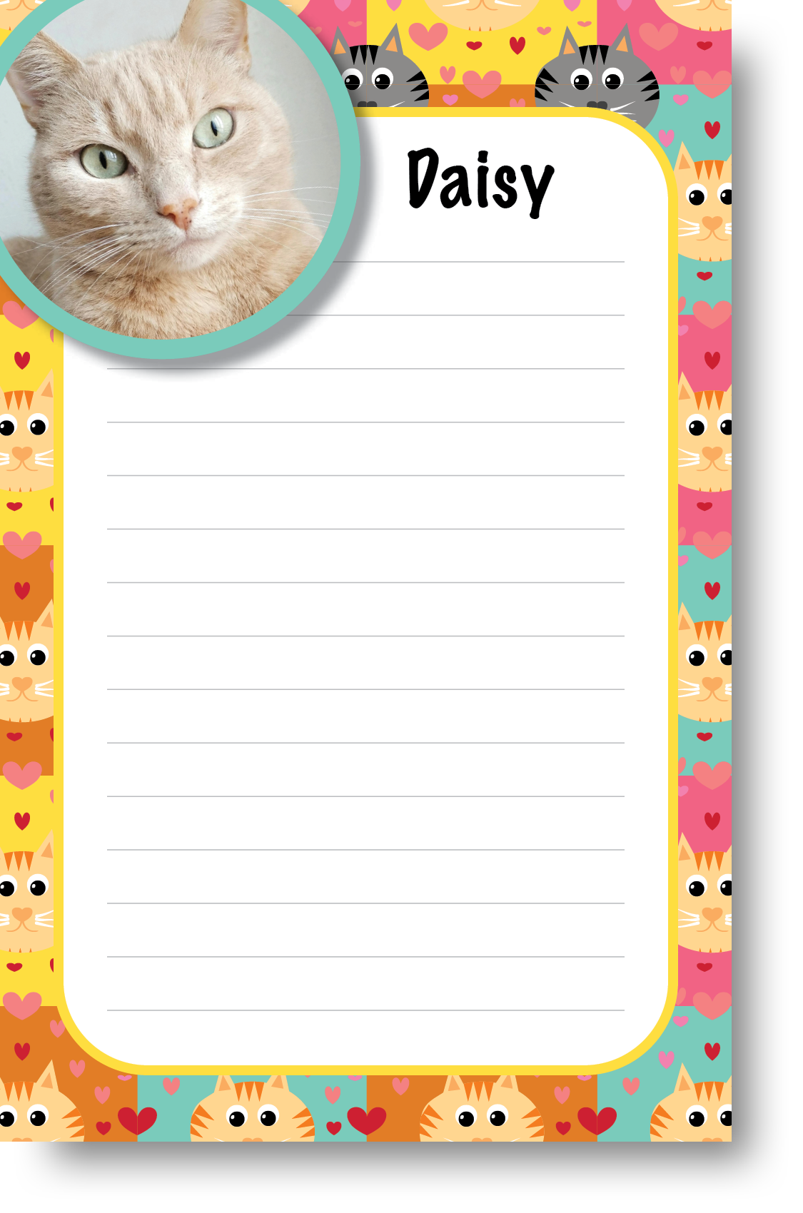 A colorful notepad with a pet themed border and background and picture of a pet displayed in the upper left-hand corner next to a pet's name.