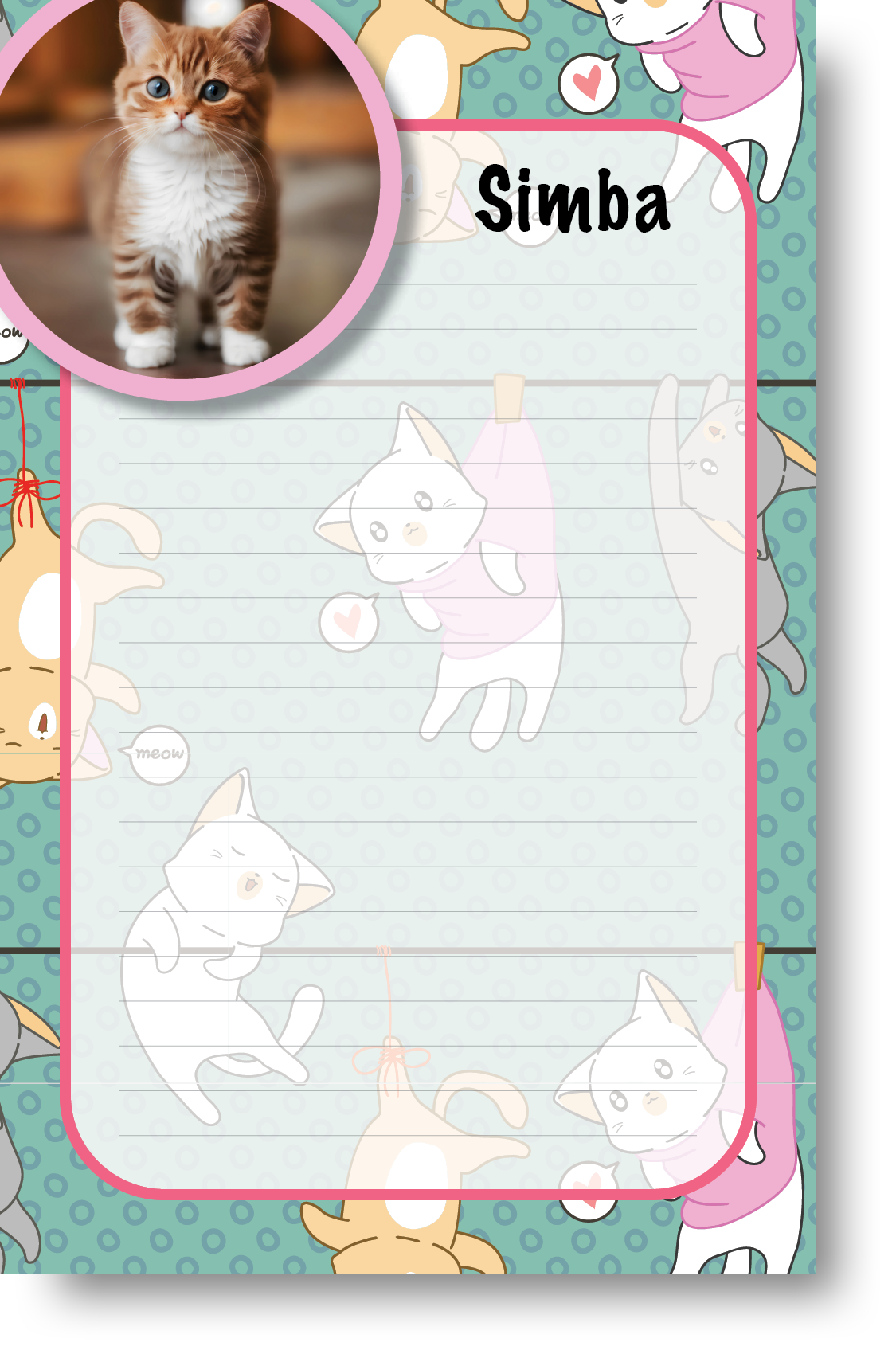 A colorful notepad with a pet themed border and background and picture of a pet displayed in the upper left-hand corner next to a pet's name.